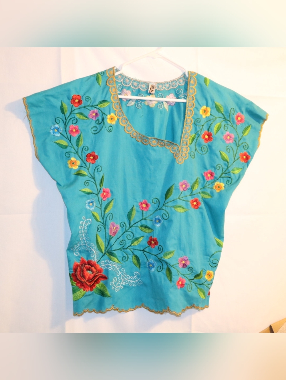 Teal Mexican Embroidered Blouse – Artisan Cotton Peasant Top, Boho Fiesta Sz 18 - Picture 2 of 10
